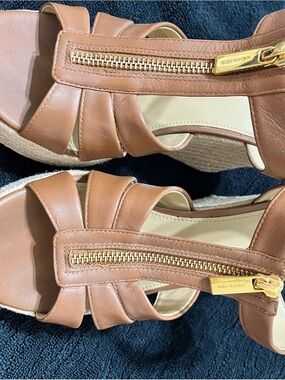 Michael Kors Cognac Leather Wedge Sandals with Gold Zip Accent